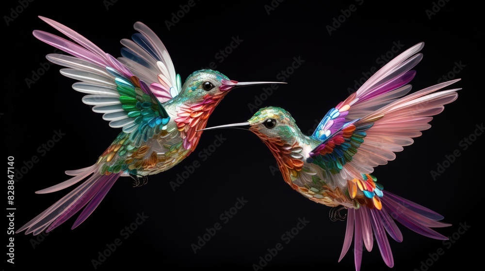Paper art hummingbirds in flight on a black background Paper art hummingbirds in flight on a black background