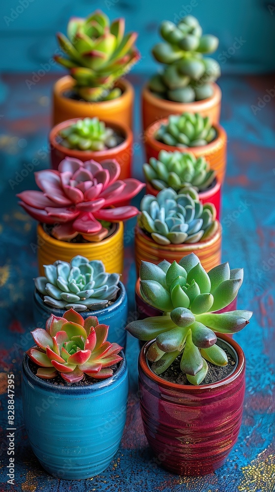 Baby succulent collection in colorful pots, vibrant background, ideal for trendy home decor ideas Baby succulent collection in colorful pots, vibrant background, ideal for trendy home decor ideas