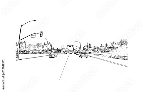 Print Building view with landmark of Santa Rasa is the city in California. Hand drawn sketch illustration in vector.