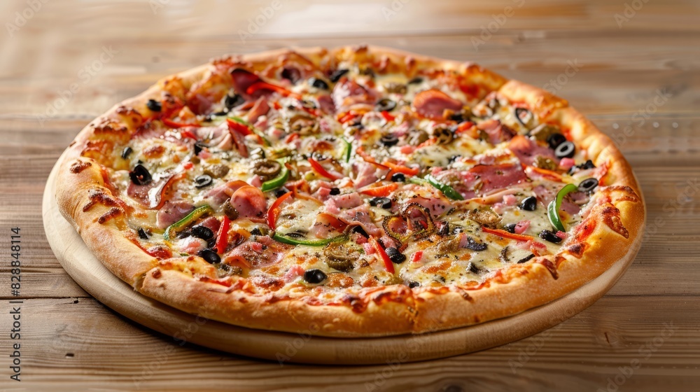 Delicious Whole Pizza with Fresh Ingredients on Rustic Wooden Table Background, Perfect Italian Cuisine Concept for Pizzerias and Food Blogs, Mouthwatering Image of Pizza Pie Ready to Serve, High-Qual Delicious Whole Pizza with Fresh Ingredients on Rustic Wooden Table Background, Perfect Italian Cuisine Concept for Pizzerias and Food Blogs, Mouthwatering Image of Pizza Pie Ready to Serve, High-Qual