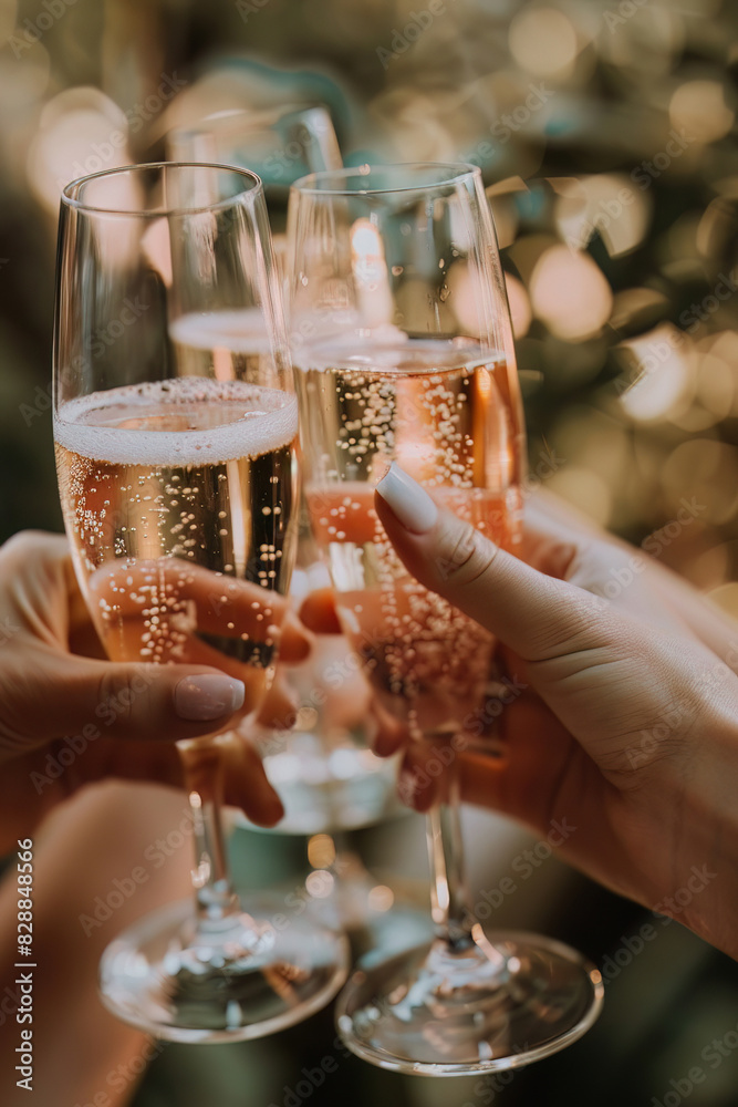 Closeup of a group toast with champagne glasses, capturing the clinking and shared joy, perfect for social celebration moments Closeup of a group toast with champagne glasses, capturing the clinking and shared joy, perfect for social celebration moments