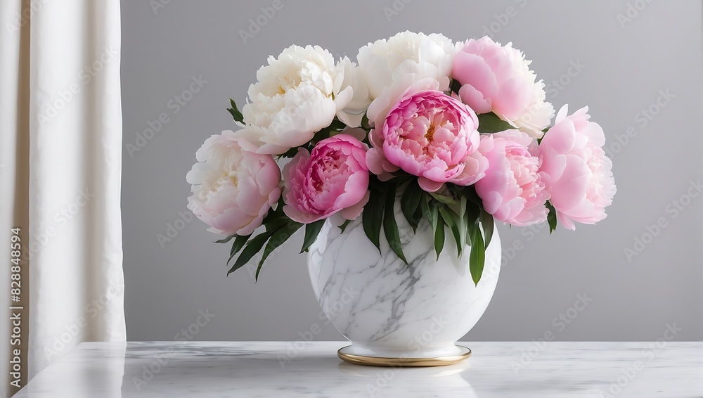 bouquet of pink and white peonies in a marble vase. bouquet of pink and white peonies in a marble vase.