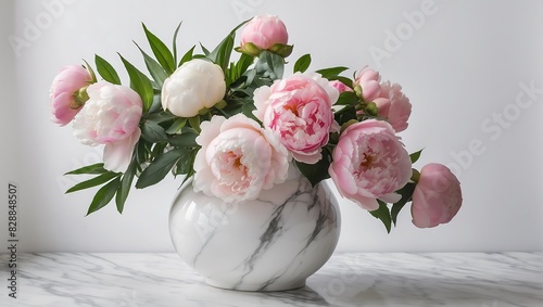 bouquet of pink and white peonies in a marble vase. © Free