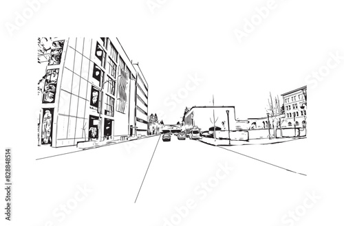 Print Building view with landmark of Santa Rasa is the city in California. Hand drawn sketch illustration in vector.
