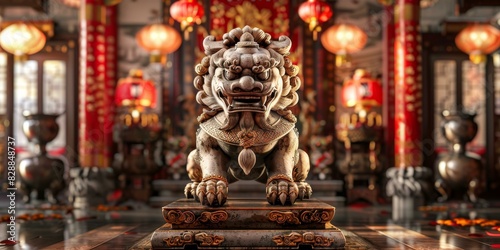An Impressive Stone Guardian Lion in an Asian Temple photo