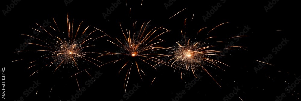 Naklejka premium Pyrotechnics and fireworks on black night sky. Firework banner and traditional celebration background