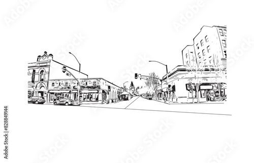 Print Building view with landmark of Santa Rasa is the city in California. Hand drawn sketch illustration in vector.