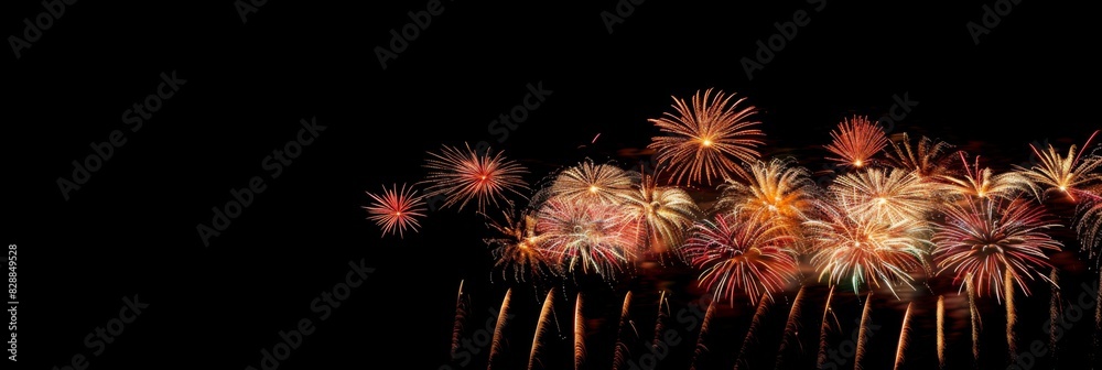 Pyrotechnics and fireworks on black night sky. Firework banner and traditional celebration background Pyrotechnics and fireworks on black night sky. Firework banner and traditional celebration background