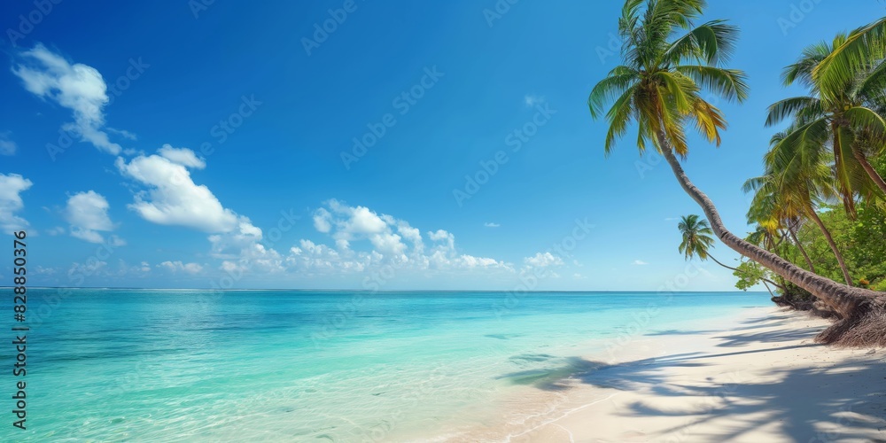 This image features a tranquil sandy beach with coconut palm trees gently leaning towards the serene turquoise ocean under a clear sky This image features a tranquil sandy beach with coconut palm trees gently leaning towards the serene turquoise ocean under a clear sky
