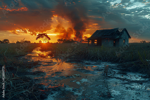 A house is surrounded by a field of tall grass and a body of water