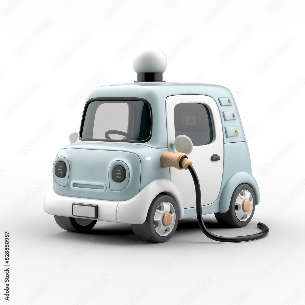 A cute, cartoon-style electric car with a charging cable plugged in. The car is blue and white with big, friendly eyes. Isolated on white background. A cute, cartoon-style electric car with a charging cable plugged in. The car is blue and white with big, friendly eyes. Isolated on white background.