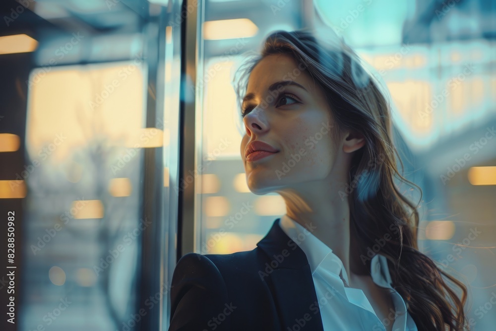 Modern business woman in office with copy space.