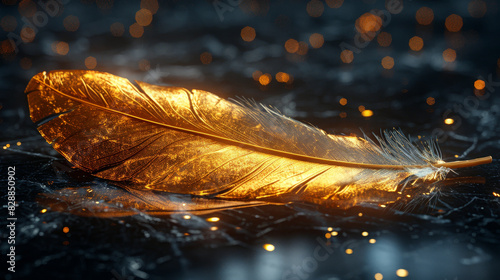 A golden feather rests amid a sparkling background, glowing with ethereal light.