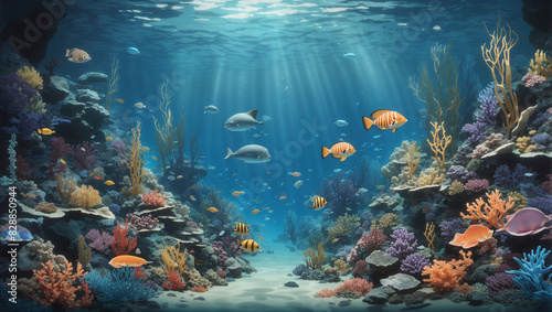  coral reef with many different types of fish swimming in water photo