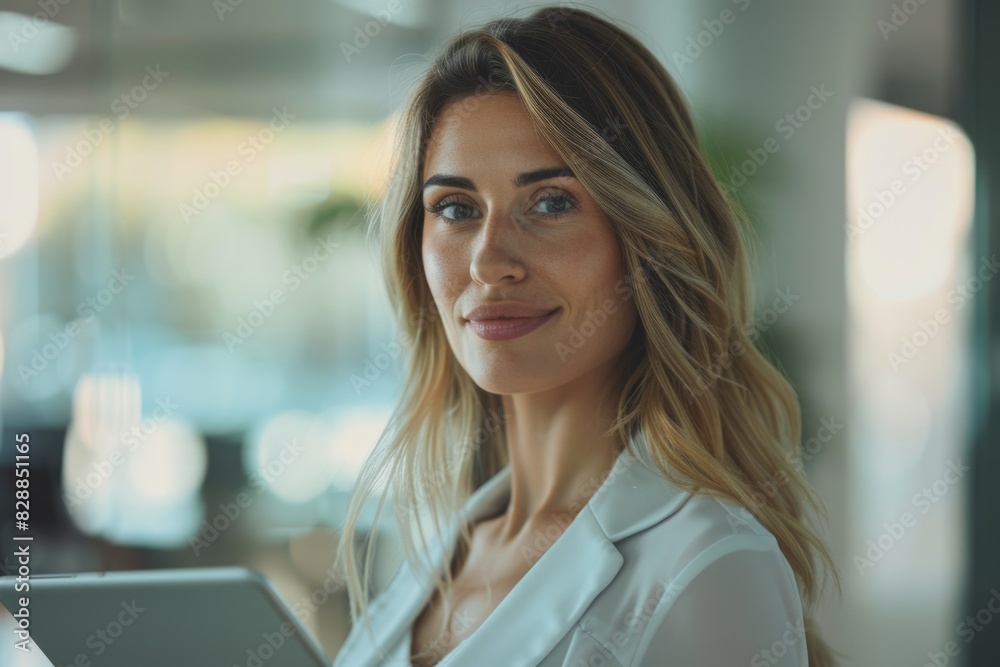 Portrait of a cute confident business woman with digital tablet in office