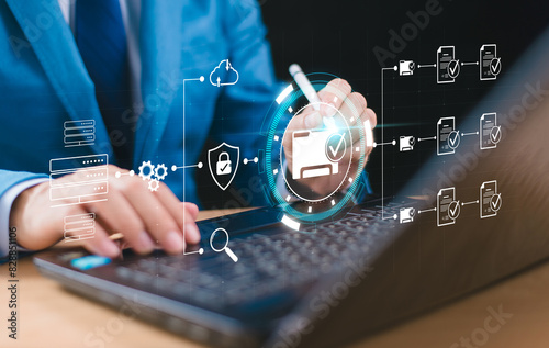 Data personal safety technology concept. Cloud computing network security, office background. Document Management System (DMS). Data transfer backup, File Sharing. Web online document backup concept photo