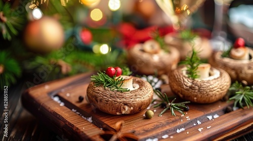 Tasty food, appetizer of mushroom on a holiday and Christmas decor. Generative Ai