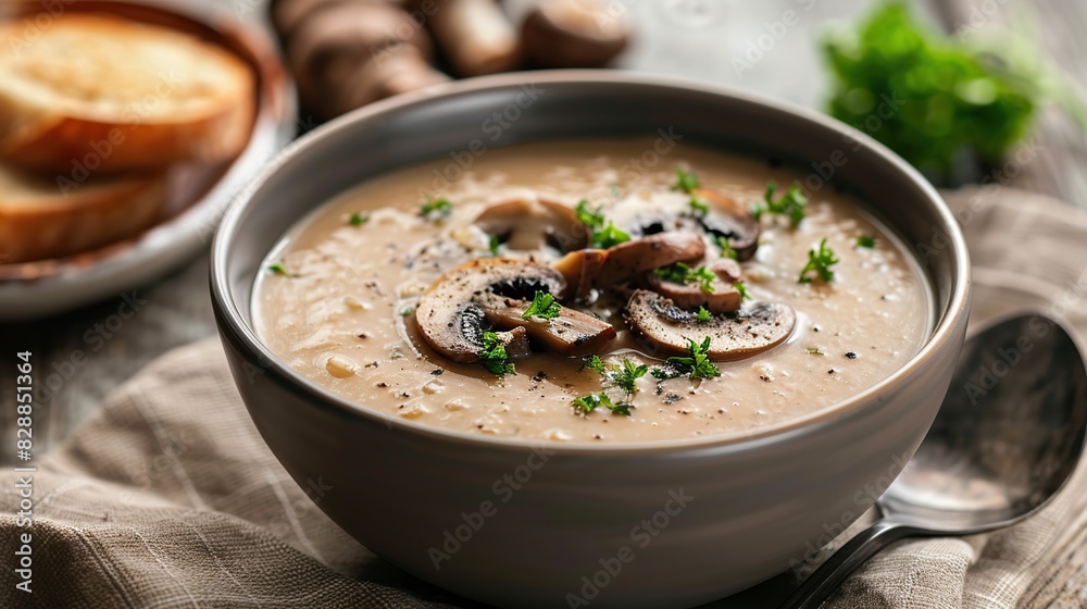 tasty lunch with bowl of mushroom soup . Generative Ai tasty lunch with bowl of mushroom soup . Generative Ai