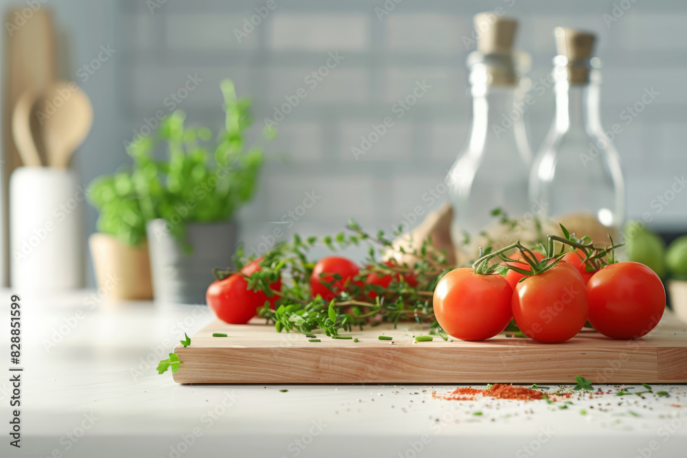 Red tomatoes on a cutting board on the kitchen
