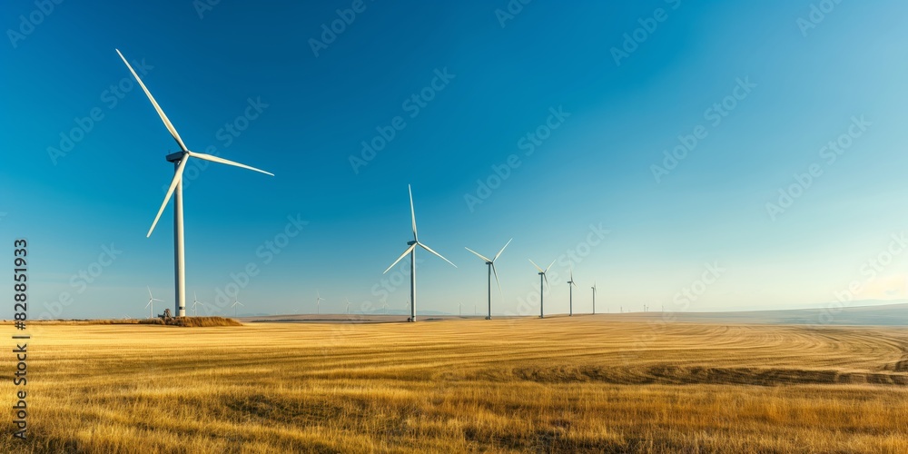 A serene landscape showcasing renewable energy with wind turbines in a vast field under a clear blue sky A serene landscape showcasing renewable energy with wind turbines in a vast field under a clear blue sky