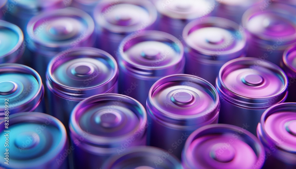 Group of purple and blue batteries in closeup shot for technology and energy concepts Group of purple and blue batteries in closeup shot for technology and energy concepts