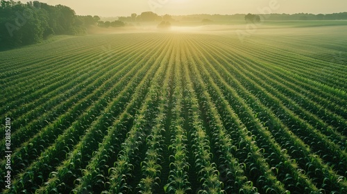 An aerial view of an expansive organic corn field at dawn, with rows of fresh corncobs glistening in the soft morning light, representing sustainable agriculture