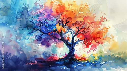 Vibrant watercolor painting of a tree with multicolored leaves.
