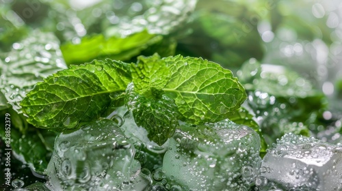 Fresh Mint Leaves on Ice Cubes with Water Droplets photo