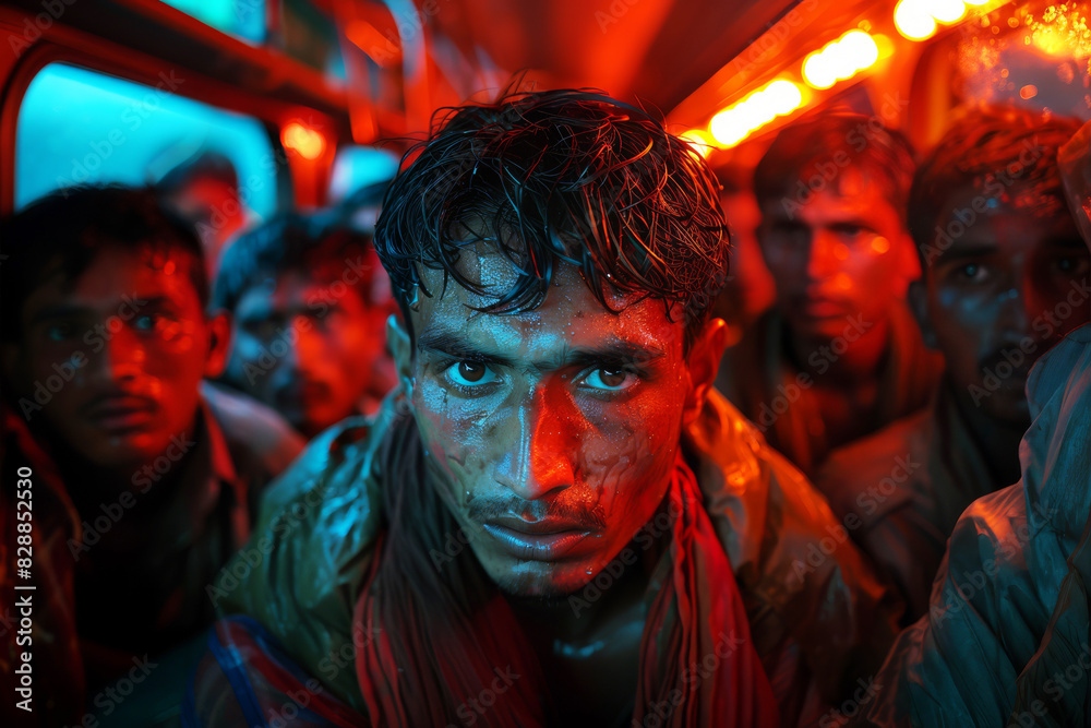 Fototapeta premium Tired migrant workers pack into a bus, making their way home after a long day of labor