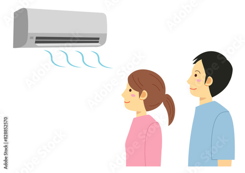 エアコンで涼む半袖の男性と女性のイラスト