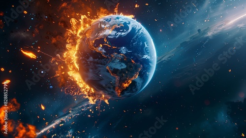  Earth engulfed in flames in outer space, depicting a catastrophic event. photo