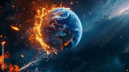  Earth engulfed in flames in outer space, depicting a catastrophic event.