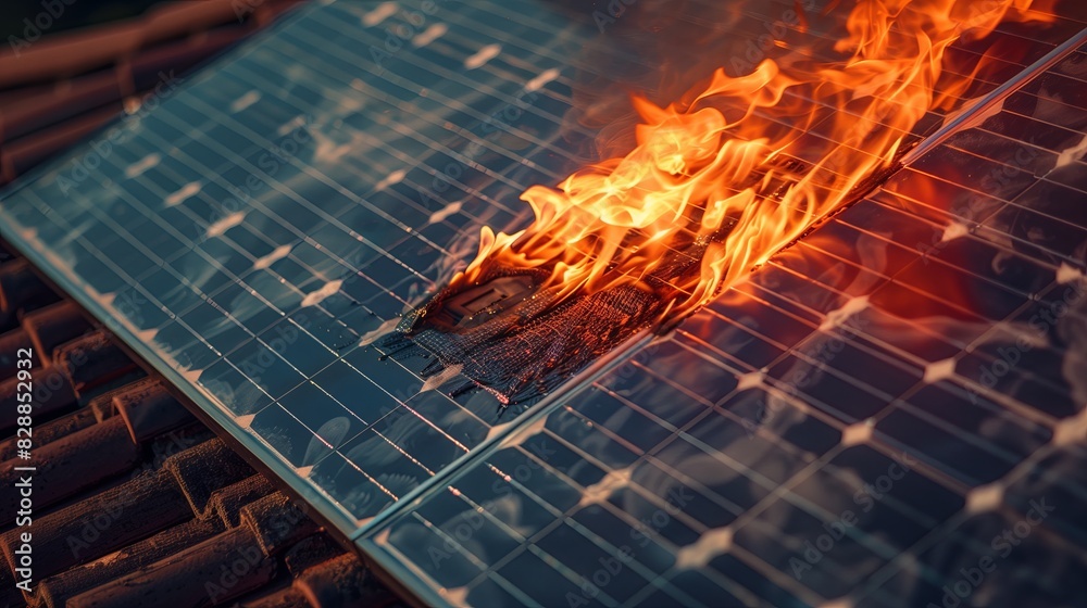Solar panels on a roof engulfed in flames during sunset. Solar panels on a roof engulfed in flames during sunset.