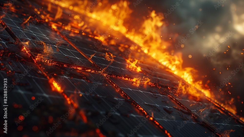 Solar panels on a roof engulfed in flames during sunset. Solar panels on a roof engulfed in flames during sunset.