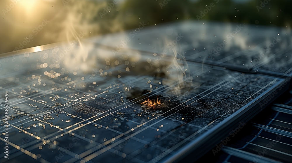 Damaged solar panel with smoke rising, showing signs of burning and overheating.