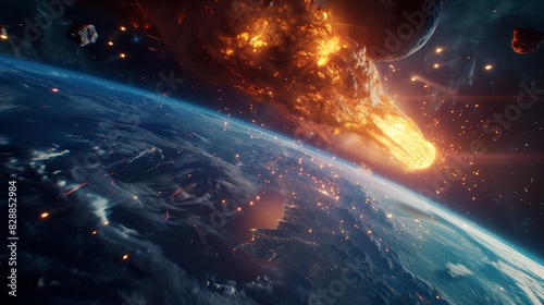 Meteor entering Earth's atmosphere, burning brightly in space.