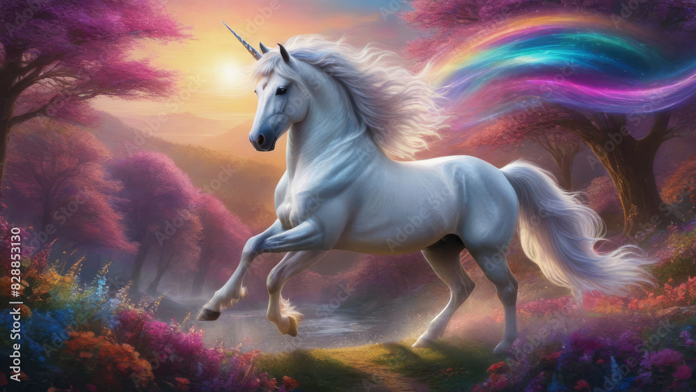 A beautiful unicorn. Fantasy background. A beautiful unicorn. Fantasy background.