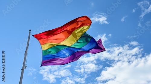 Rainbow pride flag waving against a blue sky with clouds.