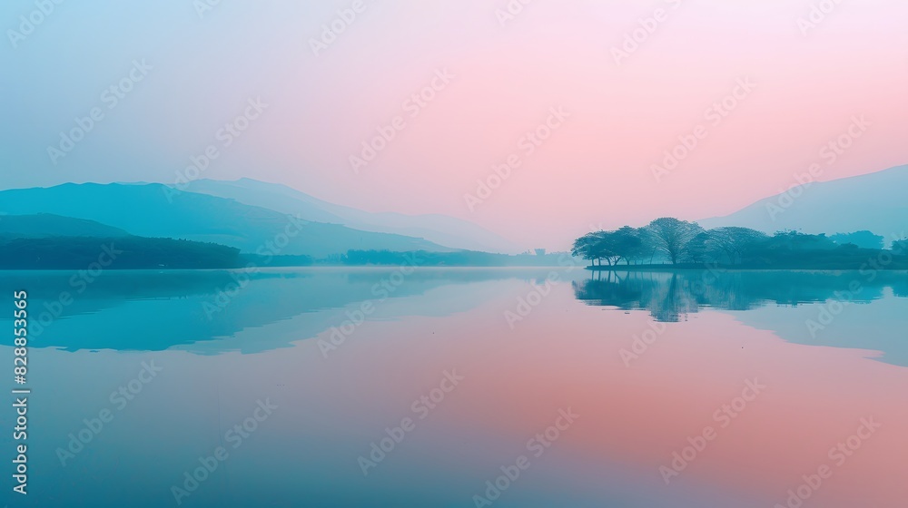 Fototapeta premium Tranquil lake, misty mountains,Pastel