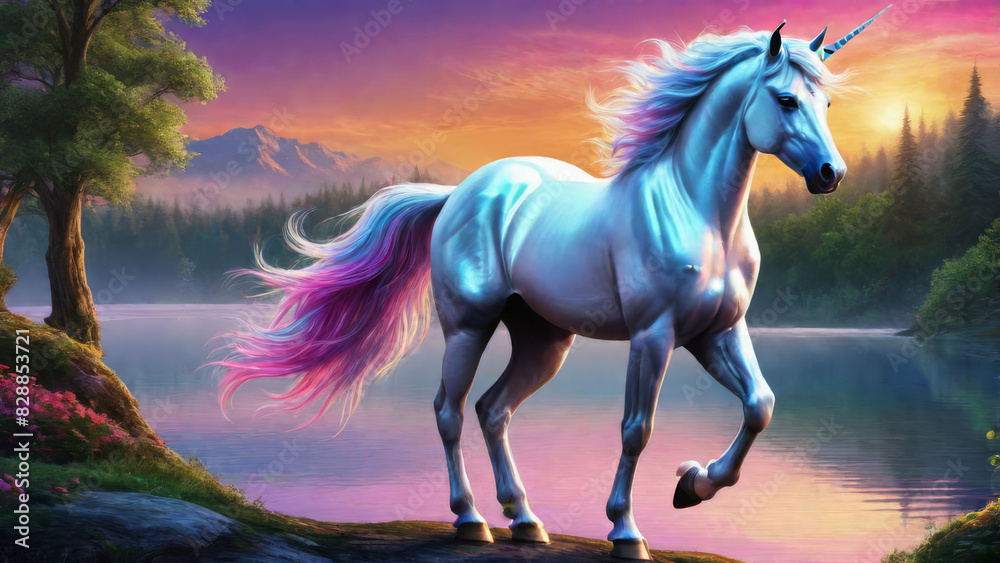 A beautiful unicorn. Fantasy background. A beautiful unicorn. Fantasy background.