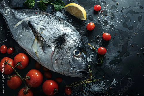 Raw sea bream fish carcass on a dark background with elements of tomatoes and other spices with space for text or inscriptions, top view 