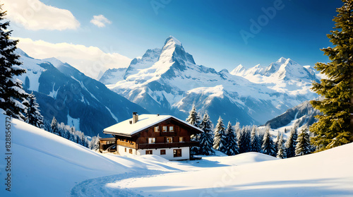 Piękny widok schroniska górskiego w zimowym klimacie, w oddali szczyty gór usłane śniegiem, błękit, ferie zimowe photo