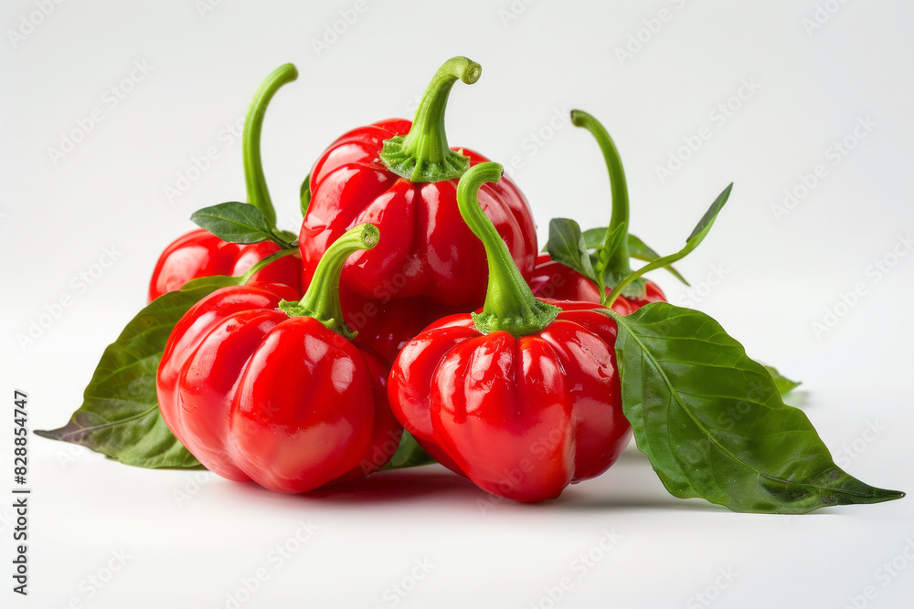 Fresh red habanero pepper with arranged green leaves isolated on white background close up
Fresh red habanero pepper with arranged green leaves isolated on white background close up