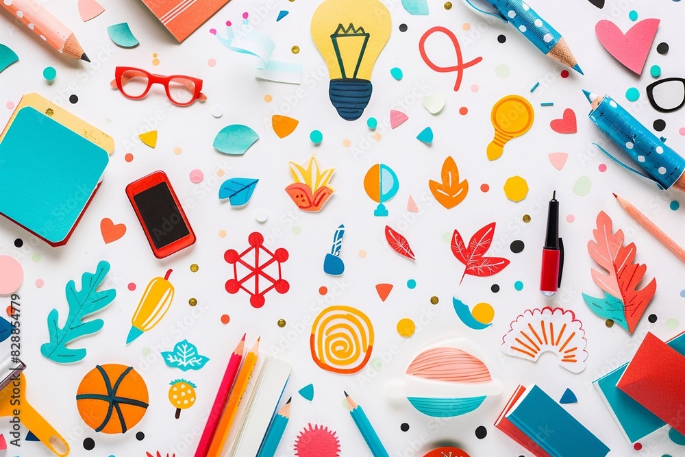 Teacher Appreciation Day banner with a collage of educational symbols, celebratory text, and vibrant colors on a clean white background