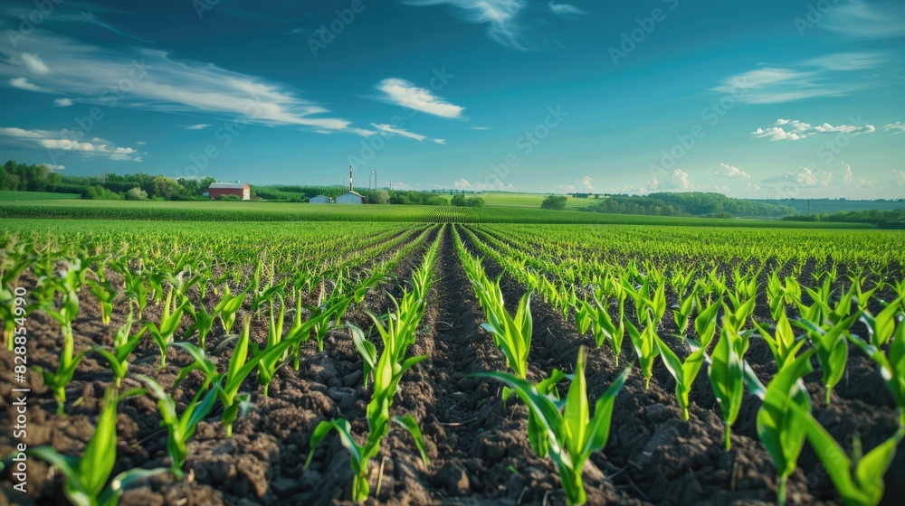 Rows of corn plants standing tall in a vast field, with a deep blue sky and distant farm buildings in the background, highlighting rural agricultural scenery
