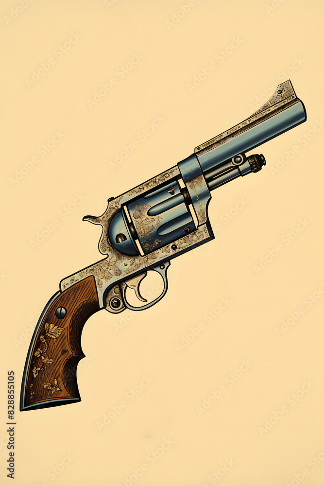 vintage style illustrated gun, handgun vintage pistol gun