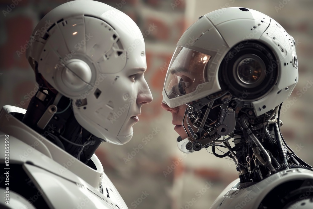 Fototapeta premium Human and robot talking to each other face to face, AI-generated