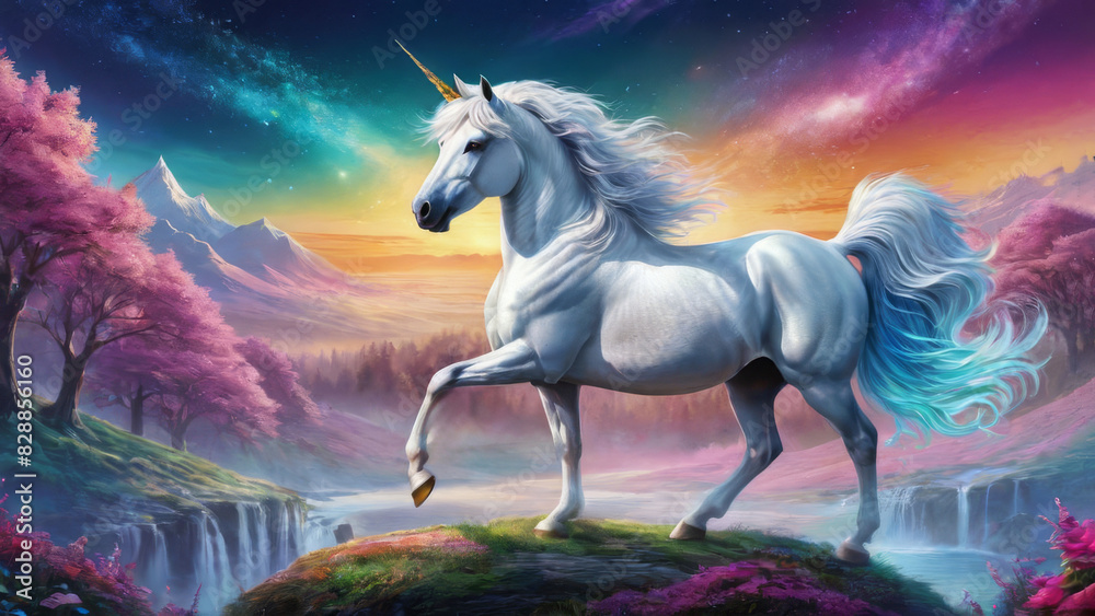 A beautiful unicorn. Fantasy background. A beautiful unicorn. Fantasy background.