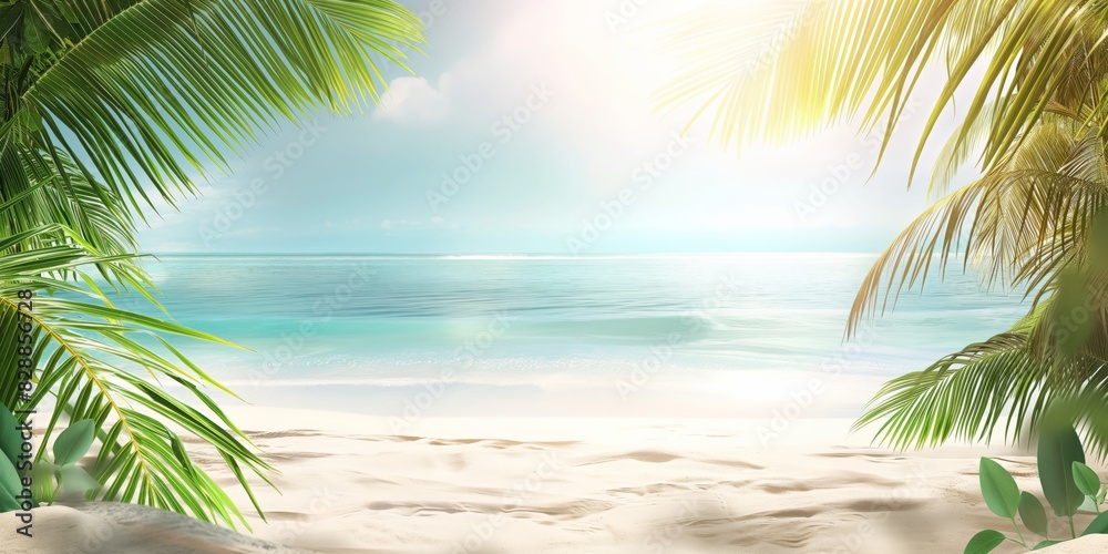 Idyllic view of a white sandy beach with palm trees and a calm blue ocean under a clear sky Idyllic view of a white sandy beach with palm trees and a calm blue ocean under a clear sky