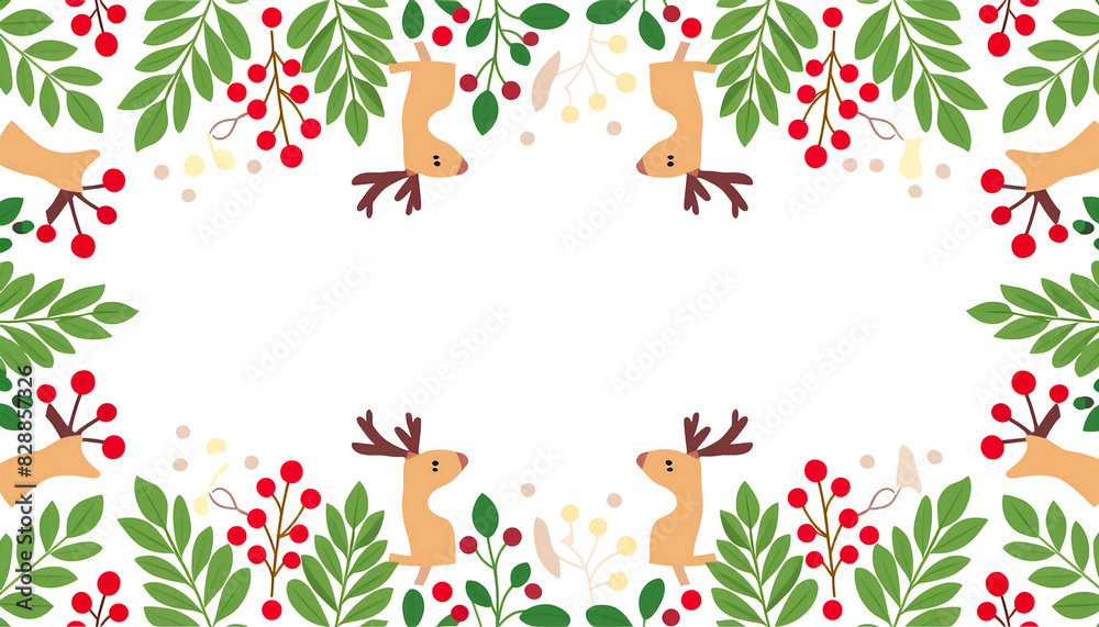 Horizontal rectangular frame with reindeer, branches and red berries. Christmas decorations on white background, vintage style. For Christmas cards and posters